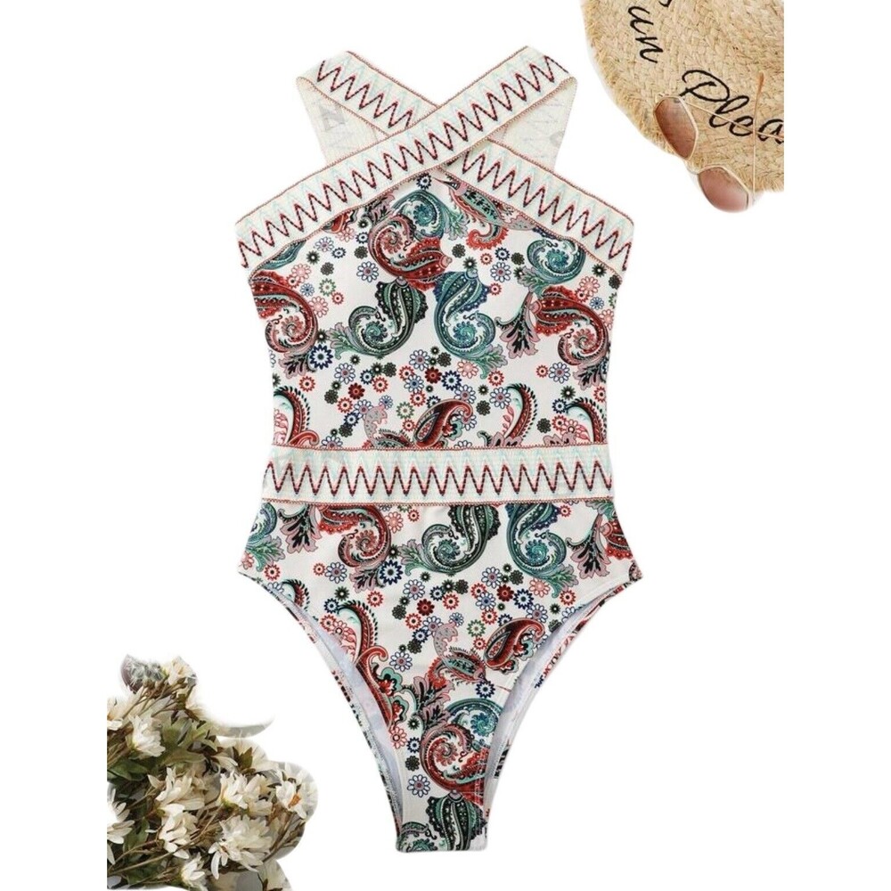 Paisley Chevron Stripe Tape High Neck One Piece Swimsuit Size Large - NWT